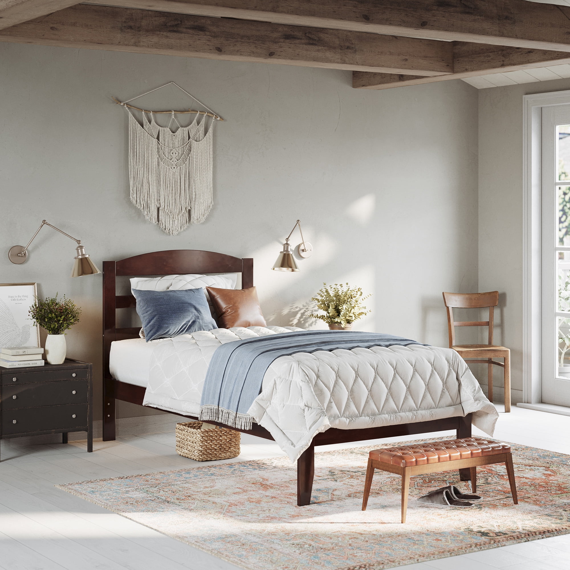 AFI Warren 14" Twin XL Wood Platform Bed Frame with Slatted Headboard, Walnut