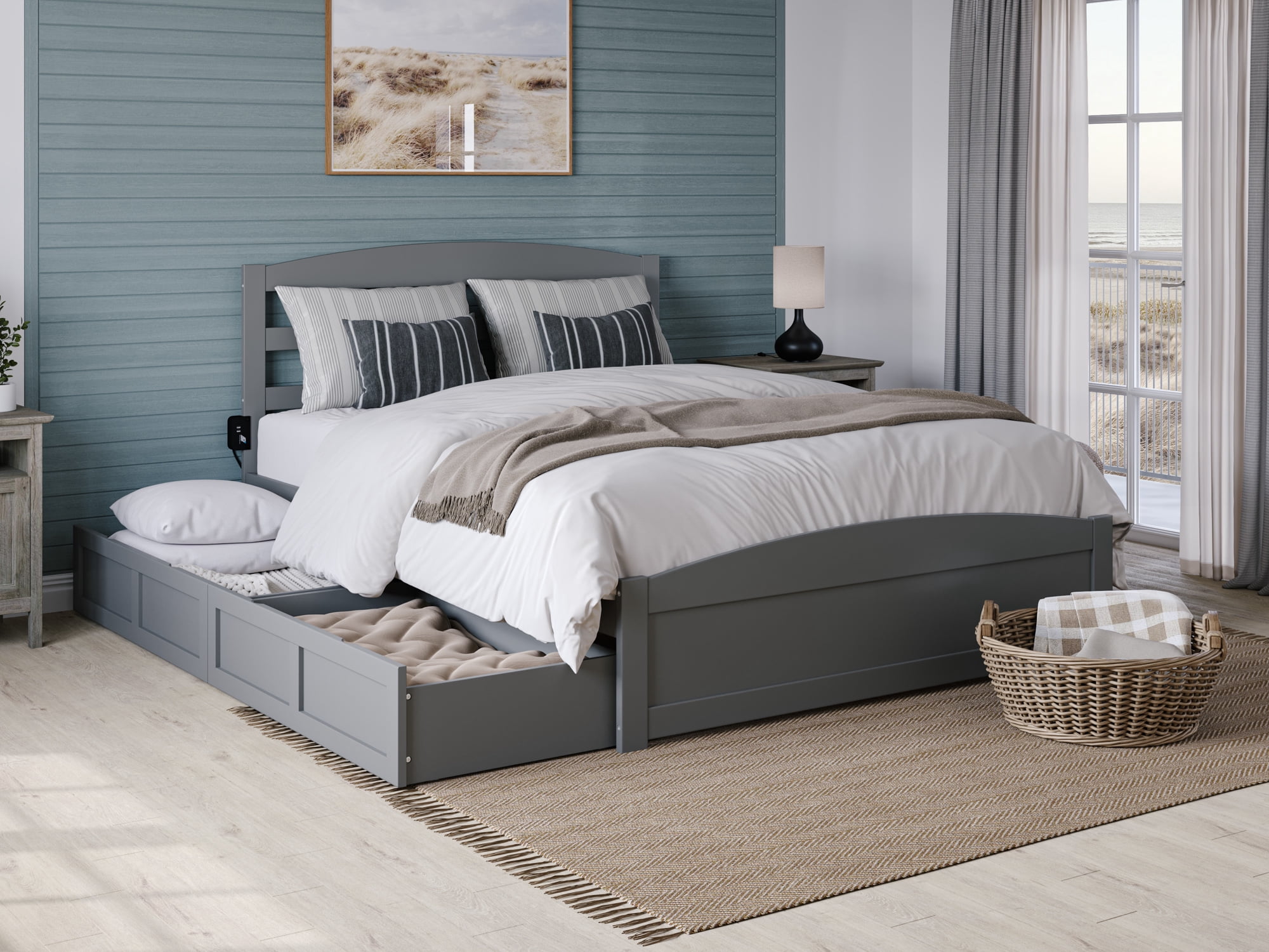 AFI Warren Full Wood Platform Bed with Headboard Footboard & 2 Storage Drawers, Grey