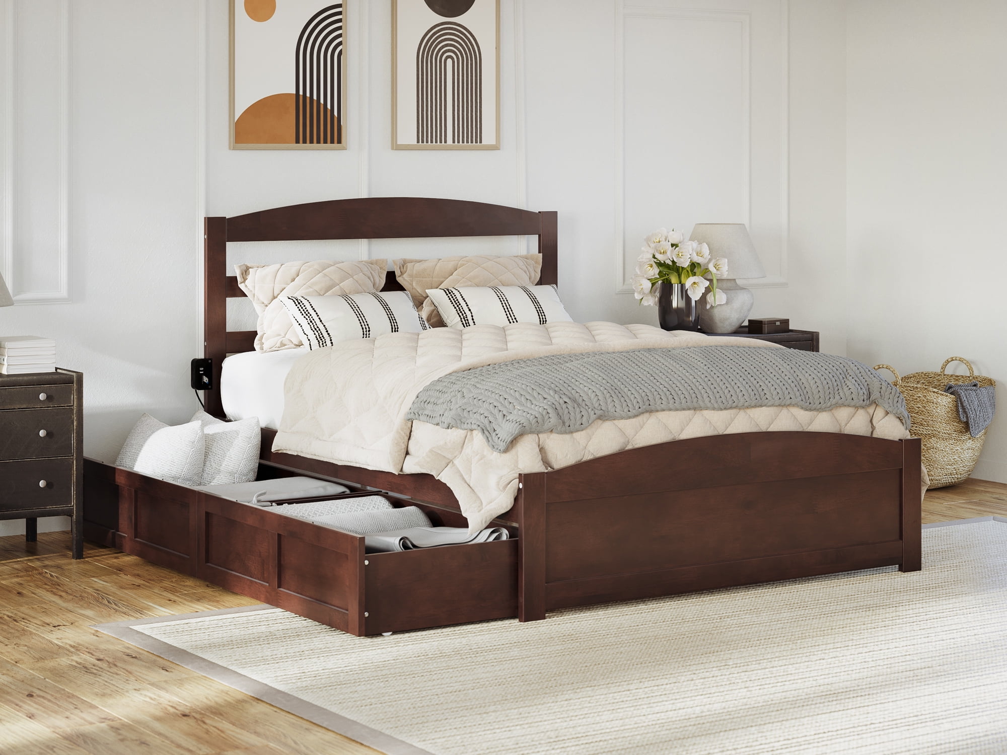 AFI Warren Full Wood Platform Bed with Headboard Footboard & 2 Storage Drawers, Walnut
