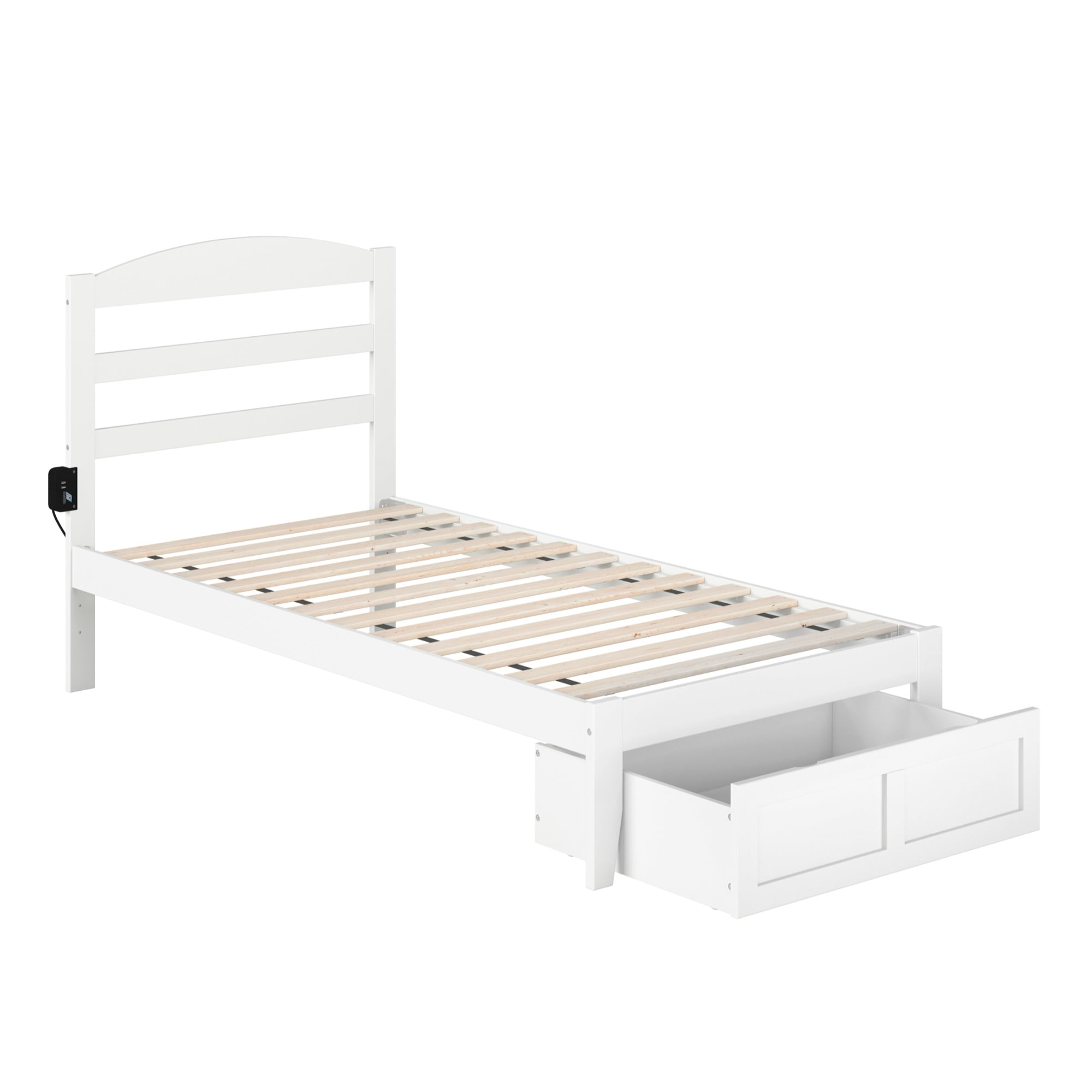 Mission-Inspired White Twin Platform Bed with Drawer & USB Charger
