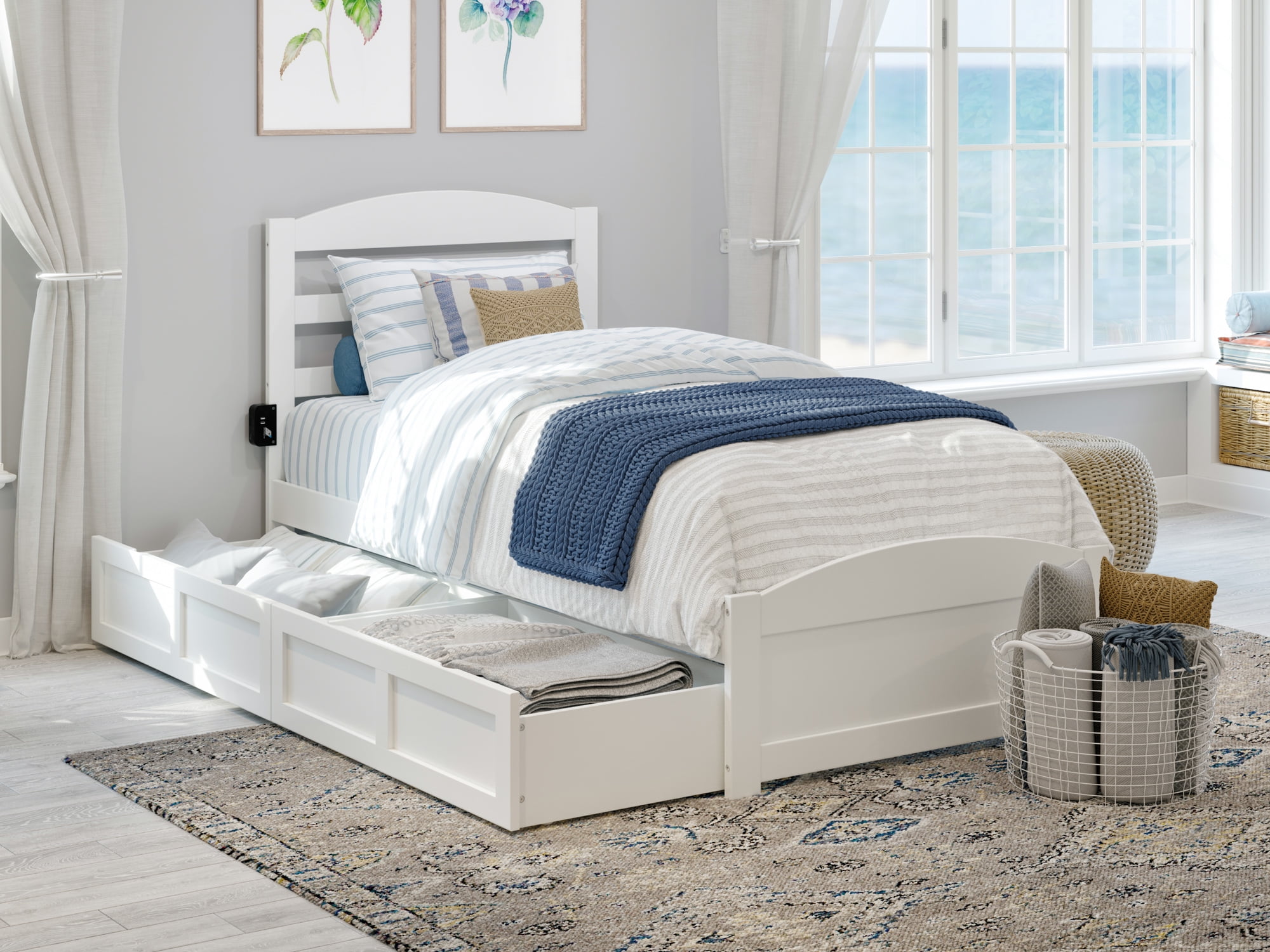 AFI Warren Twin Wood Platform Bed with Headboard Footboard & 2 Storage Drawers, White