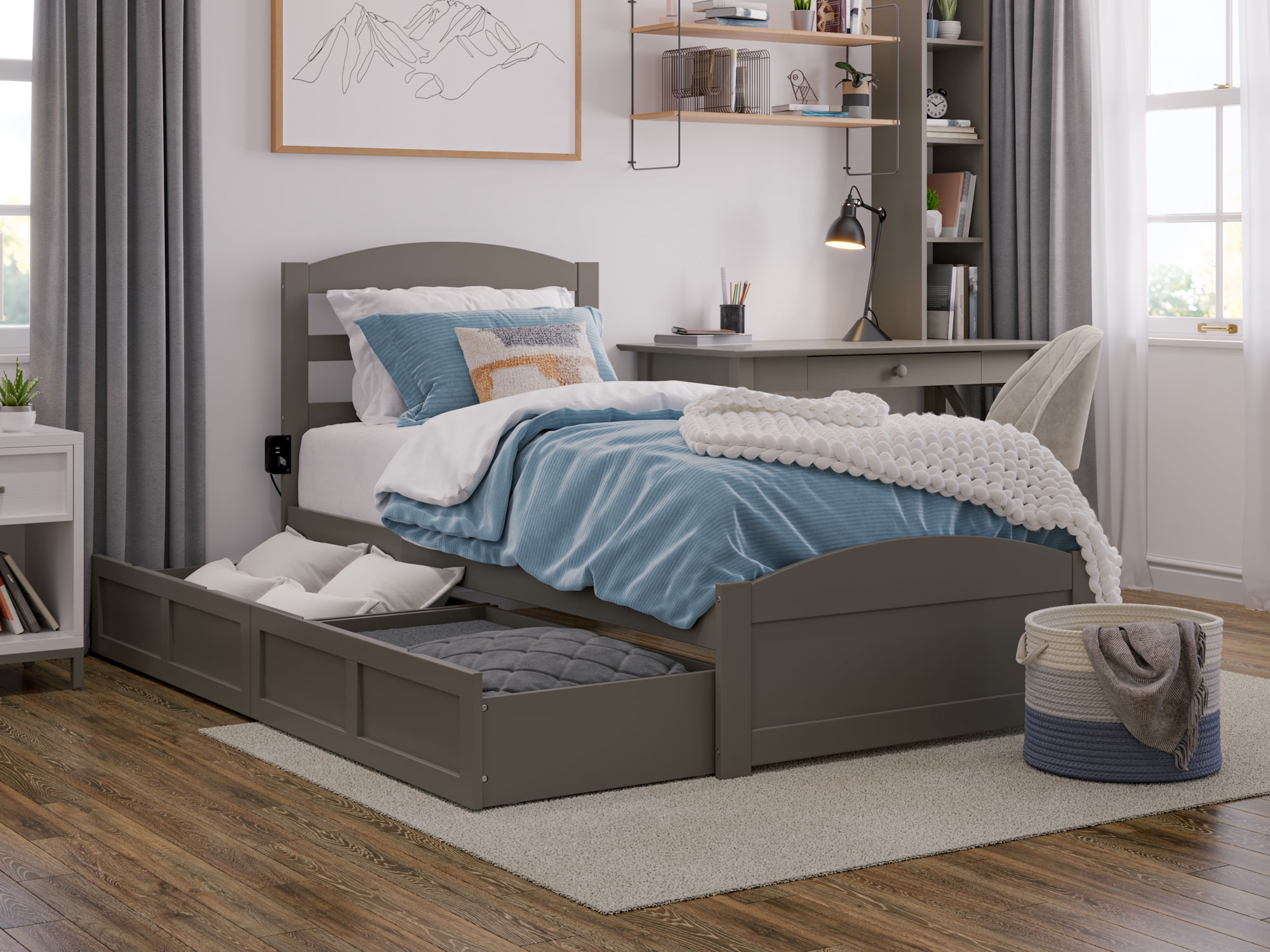 AFI Warren Twin XL Wood Platform Bed with Headboard Footboard & 2 Storage Drawers, Grey