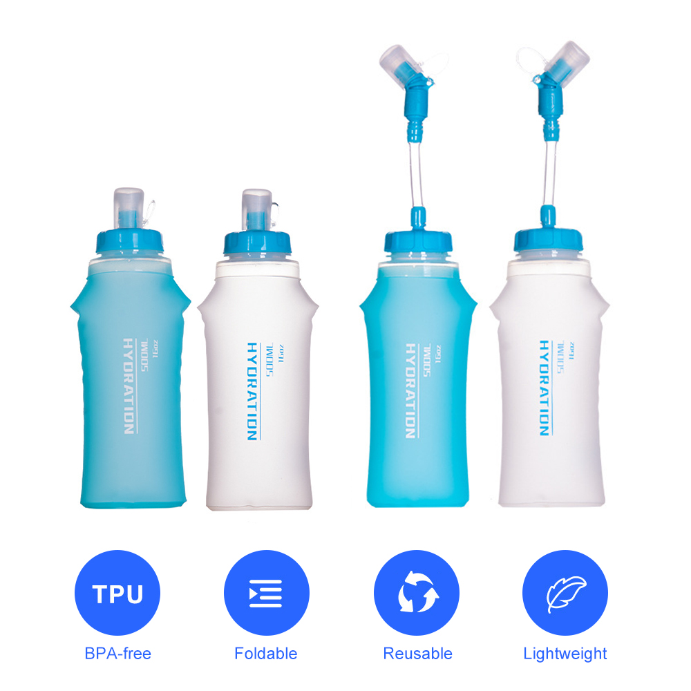 2 Pack Collapsible Water Bottles - 500ml BPA-Free Soft Folding Flask For Hiking, Travel, Gym