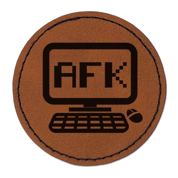 AFK Away From Keyboard Computer 2.5" Faux Leather Round Engraved Iron-On Patch - Brown