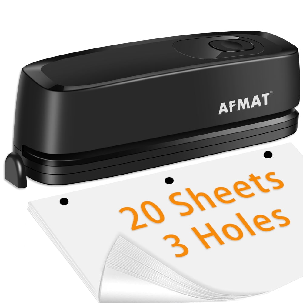 AFMAT 3 Hole Puncher, Electric or Battery Powered Hole Punch, 20 Sheet Capacity, Reduced Effort, Black