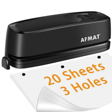 AFMAT 3 Hole Puncher, Electric or Battery Powered Hole Punch, 20 Sheet Capacity, Reduced Effort, Black
