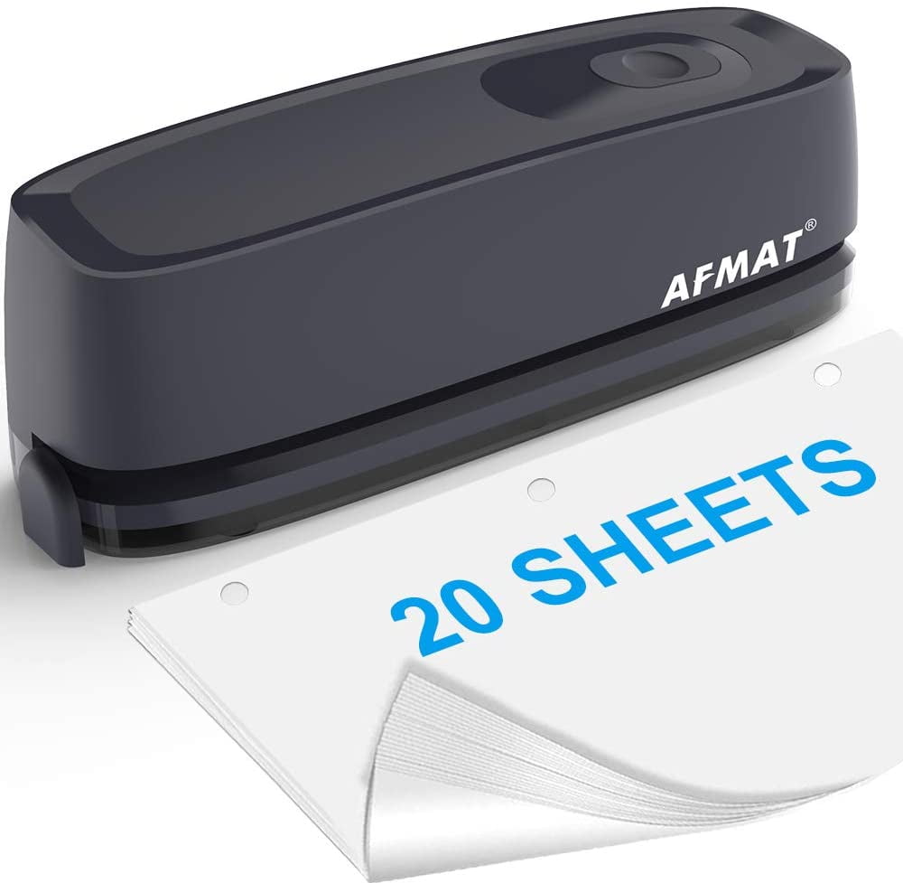 AFMAT 3 Hole Puncher, Electric or Battery Powered Hole Punch, 20 Sheet Capacity, Reduced Effort, Gray