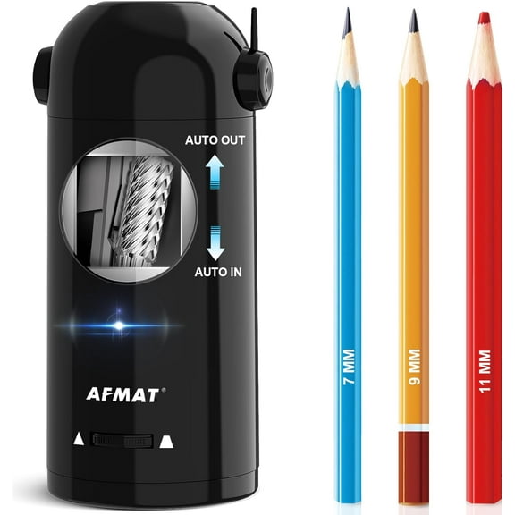 AFMAT Electric Pencil Sharpener for Colored Pencils 7-11.5mm, Auto in & Out, Fully Automatic Rechargeable Hands-Free Pencil Sharpener for Large Pencils, Black