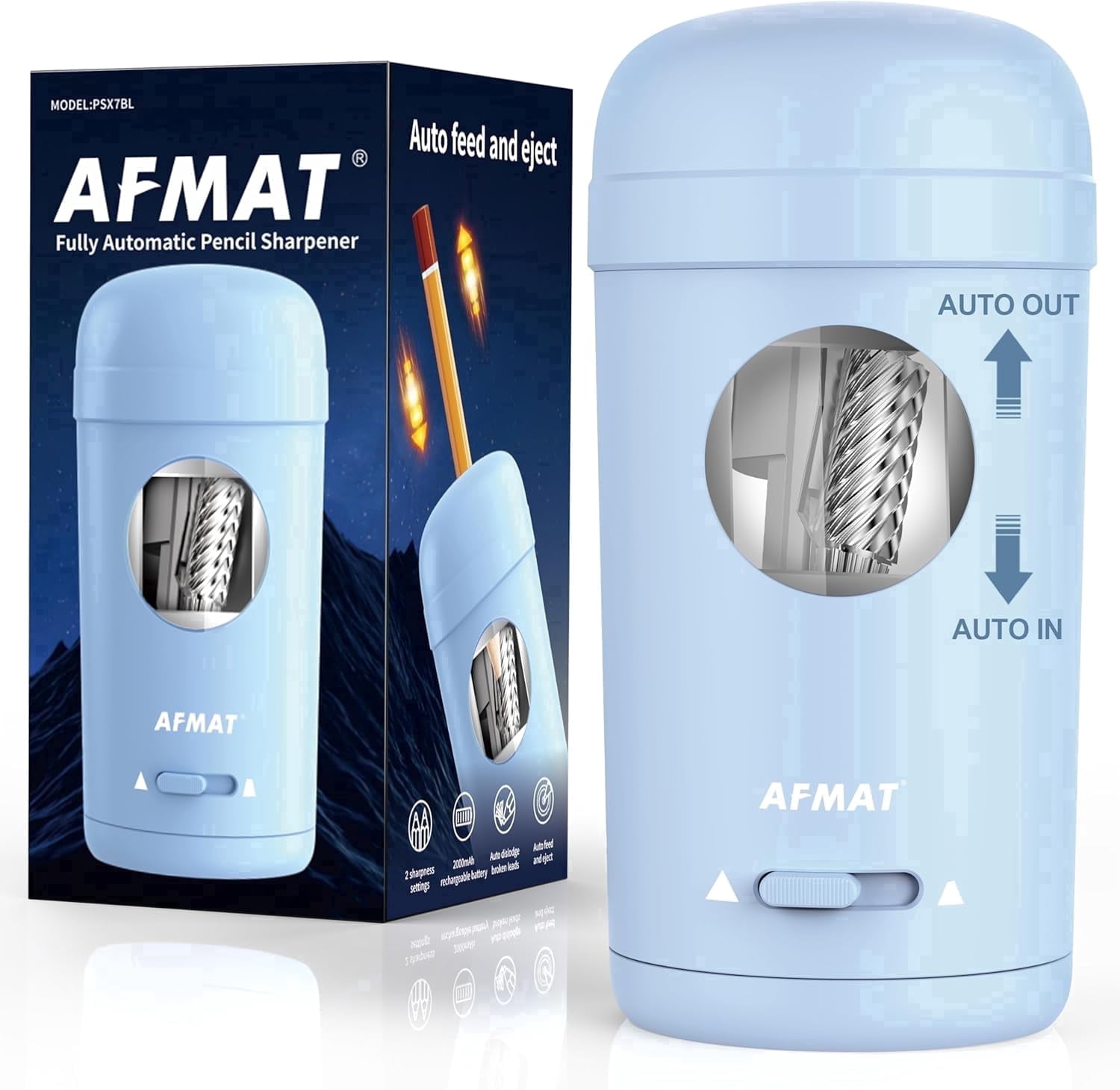 AFMAT Electric Pencil Sharpener, Fully Automatic Pencil Sharpener for 7-8mm Pencils & Colored Pencil, Auto in & Out, Rechargeable Vertical Hands-Free Sharpeners for Classroom/Home/Office,Blue