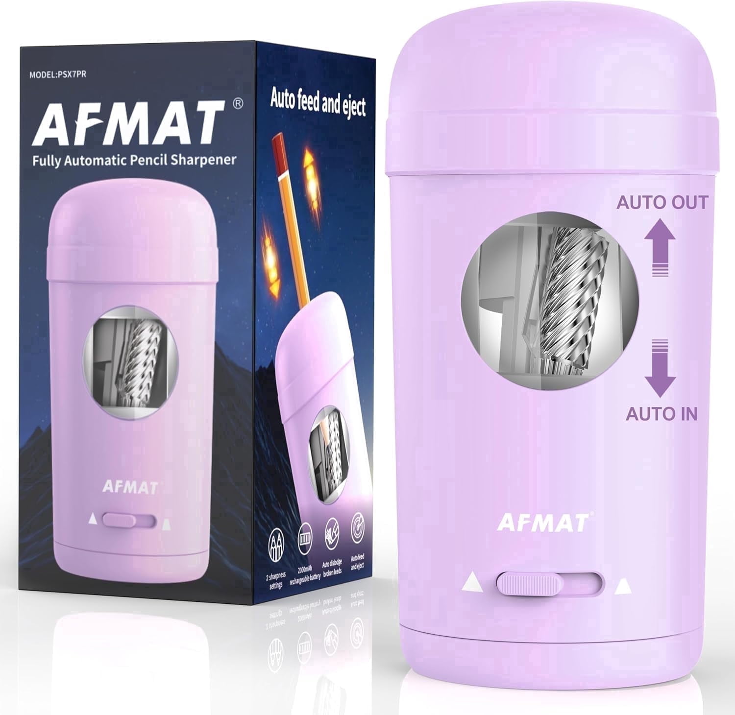 AFMAT Electric Pencil Sharpener, Fully Automatic Pencil Sharpener for 7-8mm Pencils & Colored Pencil, Auto in & Out, Rechargeable Vertical Hands-Free Sharpeners for Classroom/Home/Office(Purple)