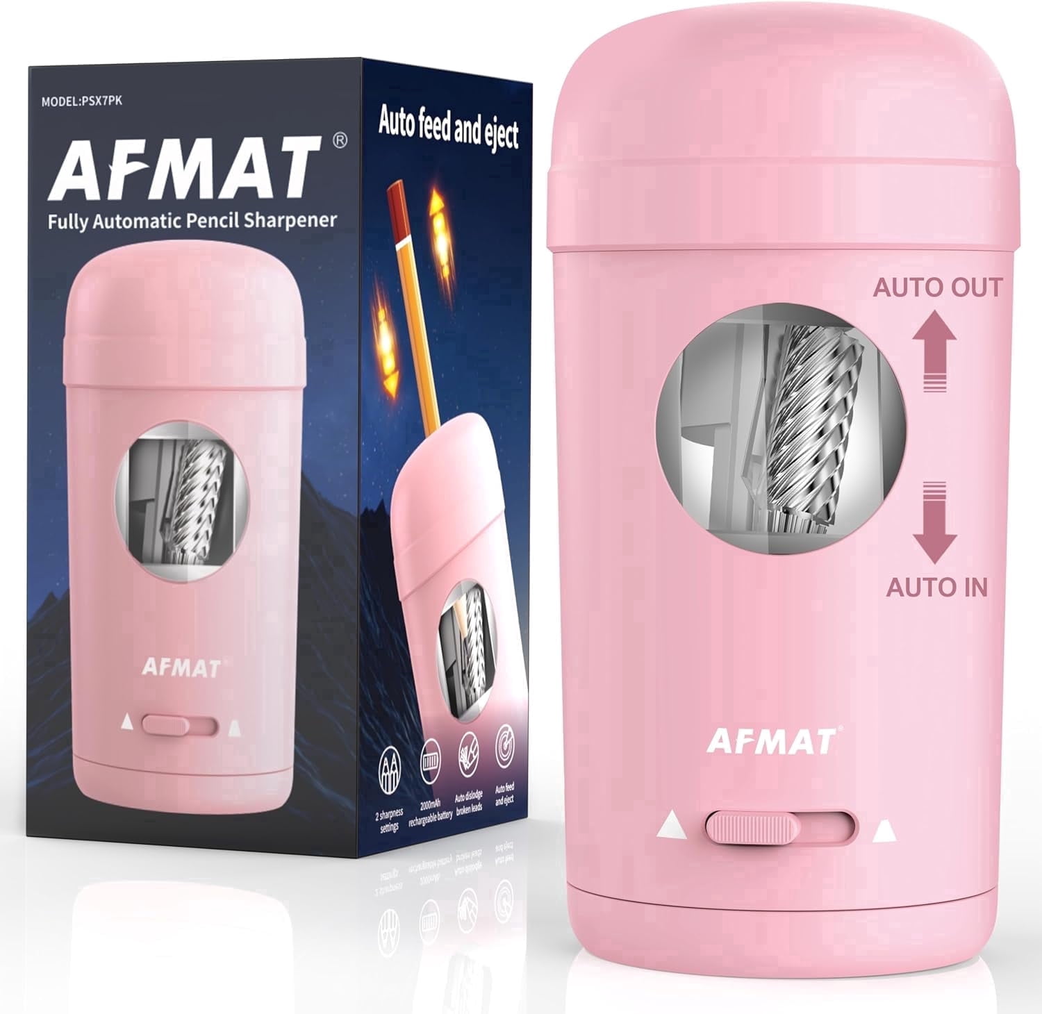 AFMAT Electric Pencil Sharpener, Fully Automatic Pencil Sharpener for 7-8mm Pencils & Colored Pencil, Auto in & Out, Rechargeable Vertical Hands-Free Sharpeners for Classroom/Home/Office,Pink