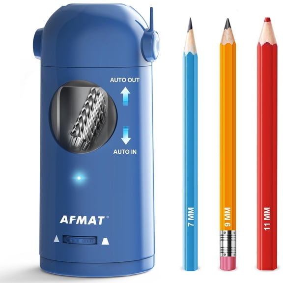 AFMAT Electric Pencil Sharpener, Fully Automatic Pencil Sharpener for Colored Pencils 7-11.5mm, Auto in & Out, Rechargeable Hands-Free Pencil Sharpener for Large Pencils, Blue