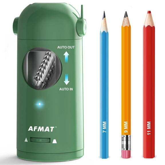 AFMAT Electric Pencil Sharpener, Fully Automatic Pencil Sharpener for Colored Pencils 7-11.5mm, Auto in & Out, Rechargeable Hands-Free Pencil Sharpener for Large Pencils, Green