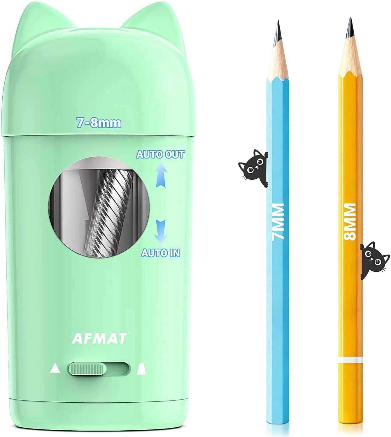 AFMAT Electric Pencil Sharpener, Fully Automatic Pencil Sharpener, Auto in & Out, for φ7-8mm No.2/Colored Pencils, Rechargeable & Cordless, Cute Cat Pencil Sharpeners for Classroom Home