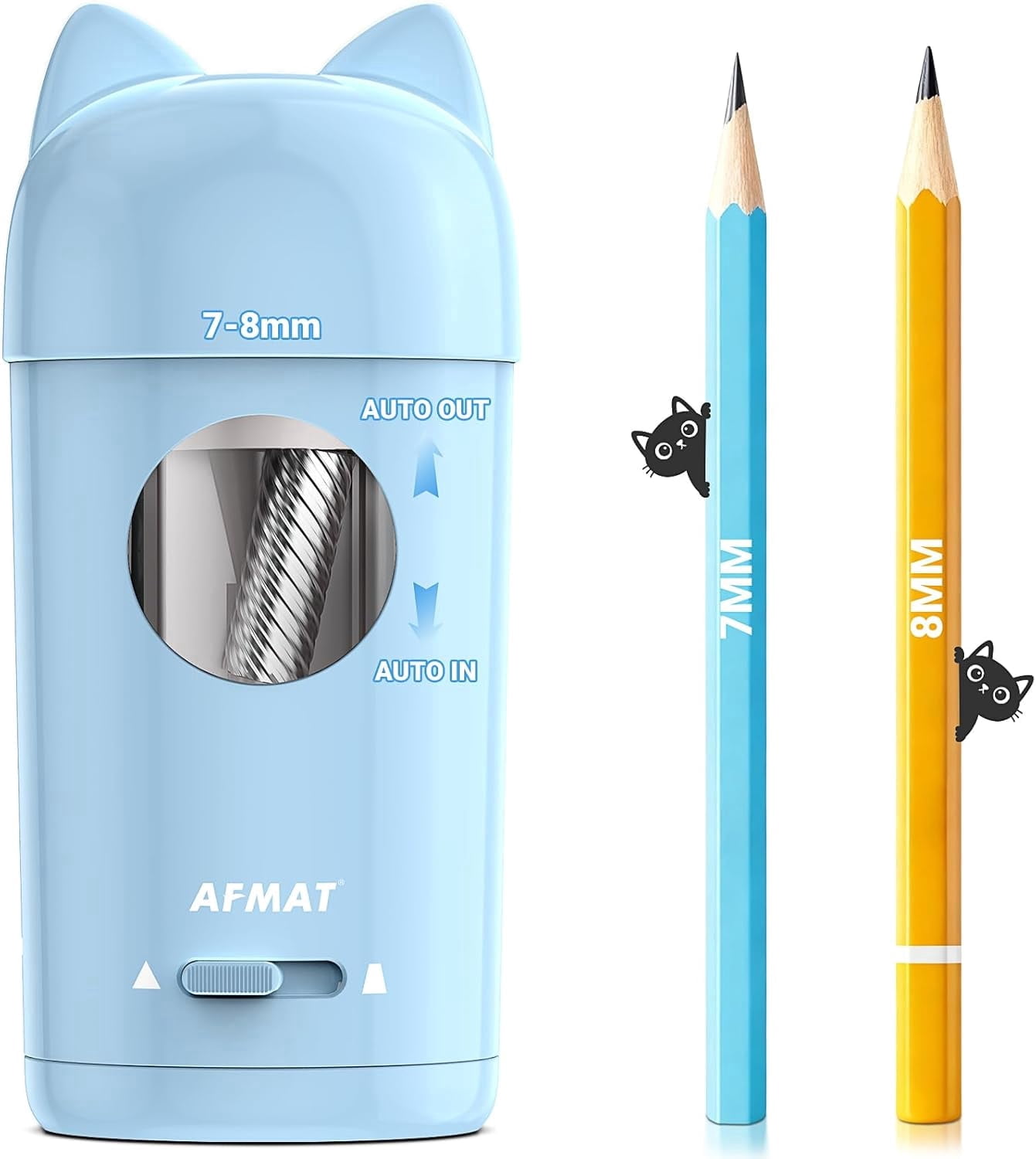 AFMAT Electric Pencil Sharpener, Fully Automatic Pencil Sharpener, Auto in & Out, for φ7-8mm No.2/Colored Pencils, Rechargeable & Cordless, Cute Cat Pencil Sharpeners for Classroom Home