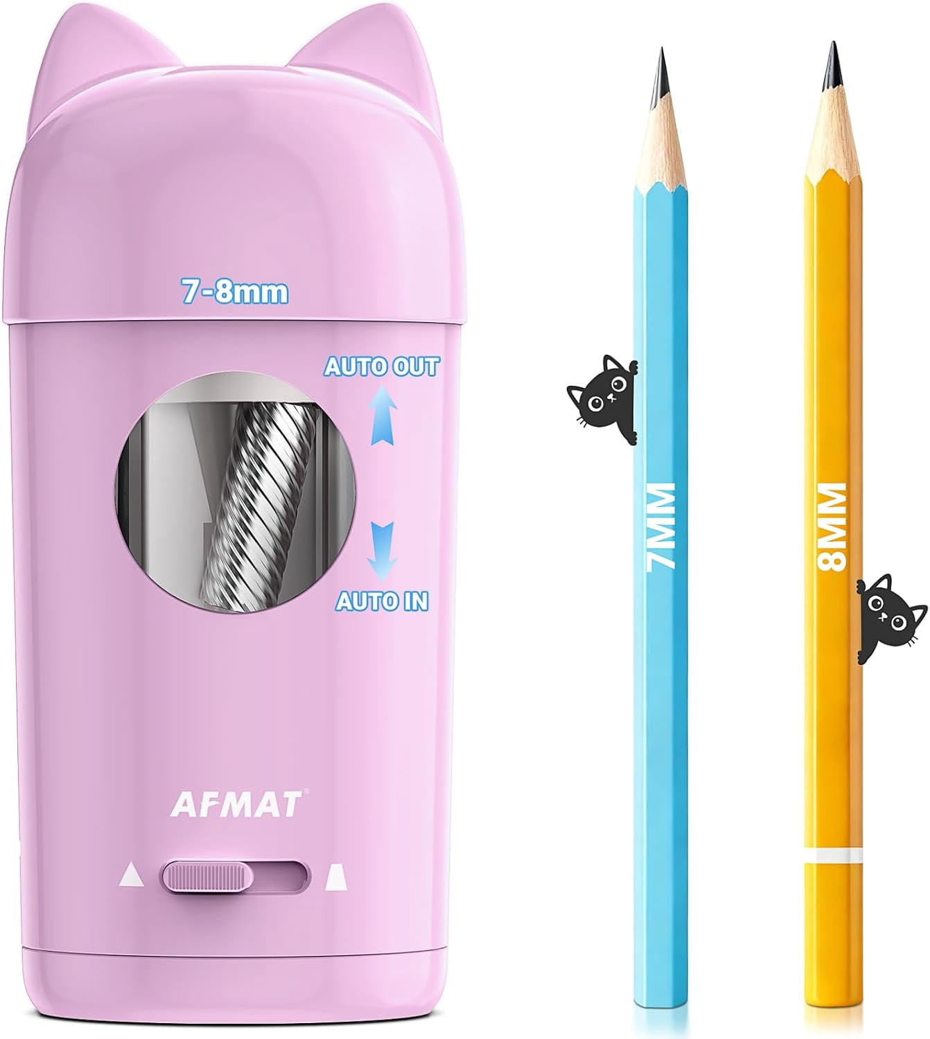 AFMAT Electric Pencil Sharpener, Fully Automatic Pencil Sharpener, Auto in & Out, for φ7-8mm No.2/Colored Pencils, Rechargeable & Cordless, Cute Cat Pencil Sharpeners for Classroom Home
