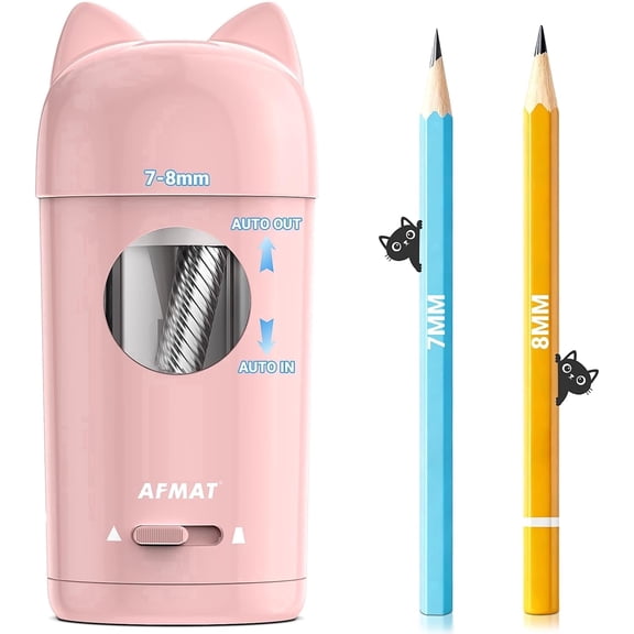 AFMAT Electric Pencil Sharpener, Fully Automatic Pencil Sharpener, Auto in & Out, for φ7-8mm No.2/Colored Pencils, Rechargeable & Cordless, Cute Cat Pencil Sharpeners for Classroom Home