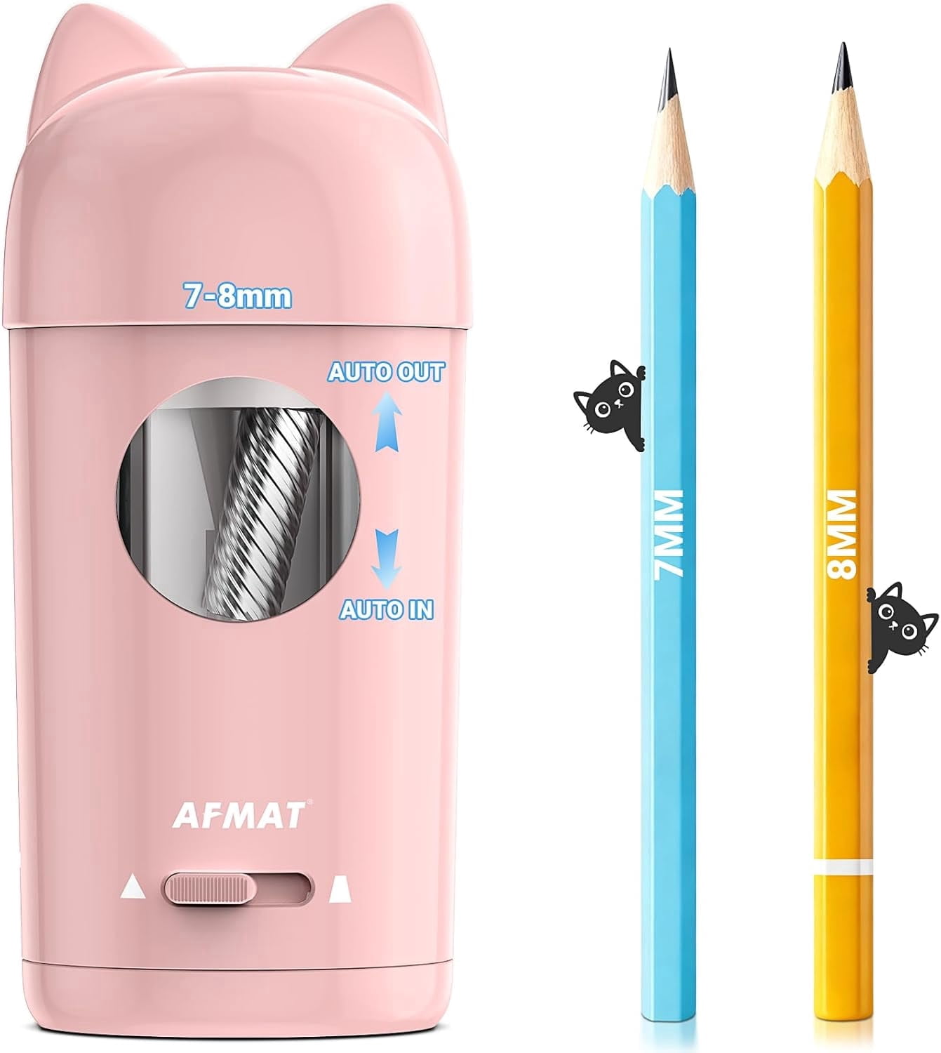 AFMAT Electric Pencil Sharpener, Fully Automatic Pencil Sharpener, Auto in & Out, for φ7-8mm No.2/Colored Pencils, Rechargeable & Cordless, Cute Cat Pencil Sharpeners for Classroom Home