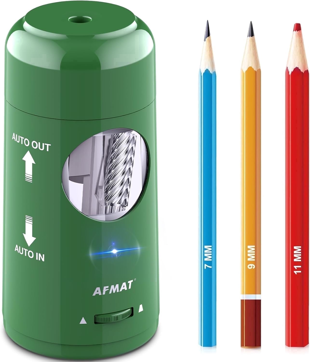 AFMAT Electric Pencil Sharpener, Rechargeable Fully Automatic Pencil Sharpener for Jumbo & Colored Pencils (7-11.5mm), Auto in/Out, Hands-Free, Portable for Home/Classroom/Office,Green