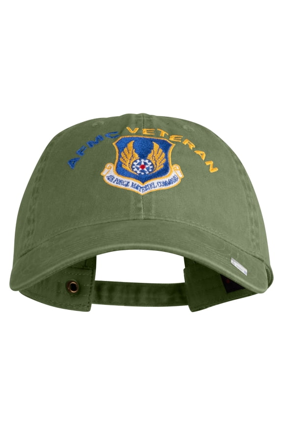 AFMC Air Force Materiel Command Veteran Embroidered Washed Solid Pigment Dyed Cotton Twill Brass Buckle Cap - Olive OSFM