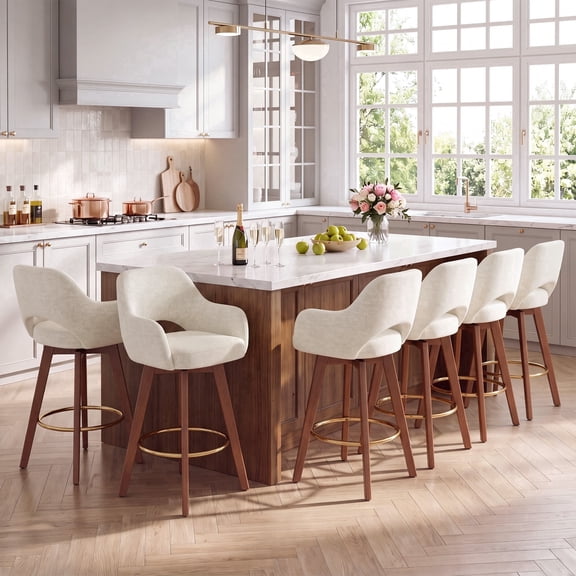 AFO 26" Upholstered Counter Height Bar Stools Set of 6, Modern Swivel Bar Stool with Armrests & Solid Wood Legs, Mid Century Barstool Island Chairs for Kitchen Island Dining Room, Beige