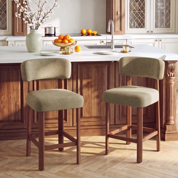 AFO 26" Counter Stool Set of 2, Upholstered Counter Height Bar Stool with Backrest, Footrest and Wood Legs for Kitchen Island, Camel
