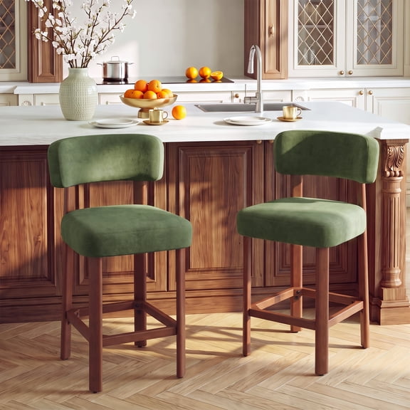 AFO 26" Counter Stool Set of 2, Upholstered Counter Height Bar Stool with Backrest, Footrest and Wood Legs for Kitchen Island, Green