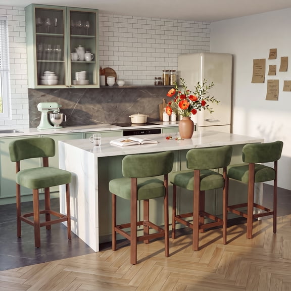 AFO 26" Counter Stool Set of 4, Upholstered Counter Height Bar Stool with Backrest, Footrest and Wood Legs for Kitchen Island, Green
