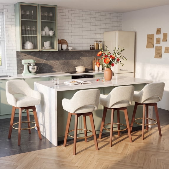 AFO 26" Upholstered Counter Height Bar Stools Set of 4, Modern Swivel Bar Stool with Armrests & Solid Wood Legs, Mid Century Barstool Island Chairs for Kitchen Island Dining Room, Beige