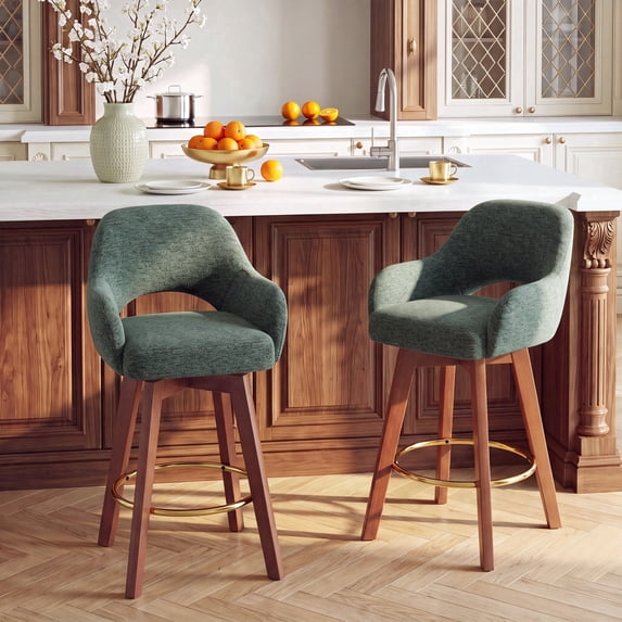 AFO 26" Upholstered Counter Height Bar Stools Set of 2, Modern Swivel Bar Stool with Armrests & Solid Wood Legs, Mid Century Barstool Island Chairs for Kitchen Island Dining Room, Green