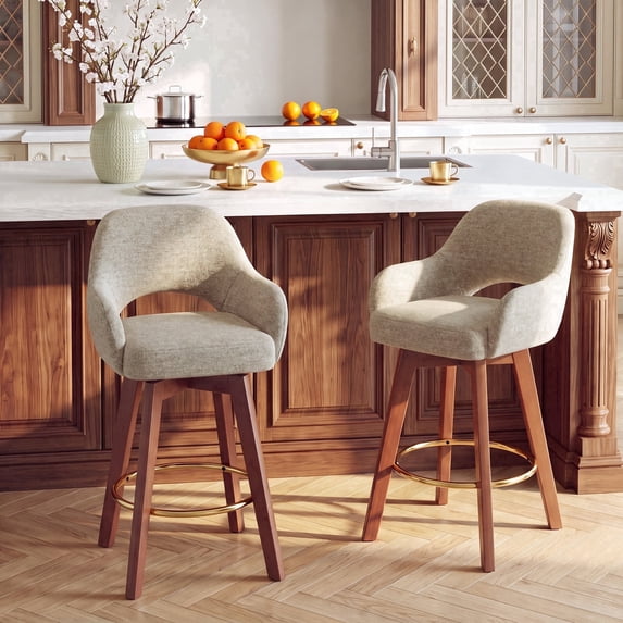 AFO 26" Upholstered Counter Height Bar Stools Set of 2, Modern Swivel Bar Stool with Armrests & Solid Wood Legs, Mid Century Barstool Island Chairs for Kitchen Island Dining Room, Camel