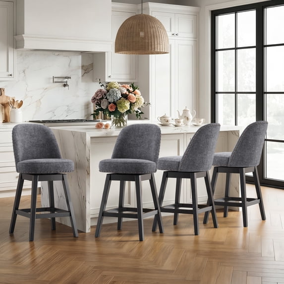 AFO 26" Upholstered Swivel Counter Height Bar Stools Set of 4, Modern Fabric Bar Chairs with Solid Wood Frame, Suitable for 35"-39" Table, For Kitchen Island Dining Room Pub Restaurant, Dark Gray