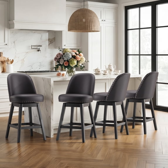 AFO 26" Upholstered Swivel Counter Height Bar Stools Set of 4, Modern Faux Leather Bar Chairs with Solid Wood Frame, Suitable for 35"-39" Table, For Kitchen Island Dining Room Pub Restaurant, Black