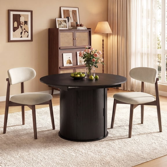 AFO 3 Pieces Extendable Dining Table Set for 2, 47"-63" Round to Oval Wood Kitchen Table with 2 Upholstered Chairs, Space-Saving Drop Leaf Kitchen Table for Small Spaces, Black