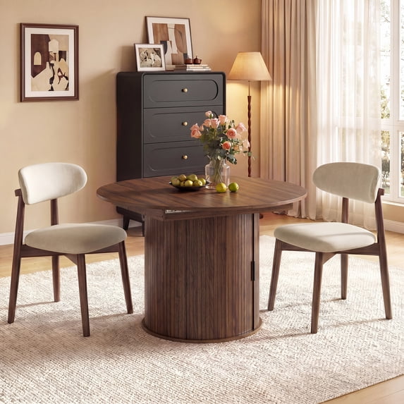AFO 3 Pieces Extendable Dining Table Set for 2, 47″- 63″ Round to Oval Wood Kitchen Table with 2 Upholstered Chairs, Space-Saving Drop Leaf Kitchen Table for Small Spaces, Walnut