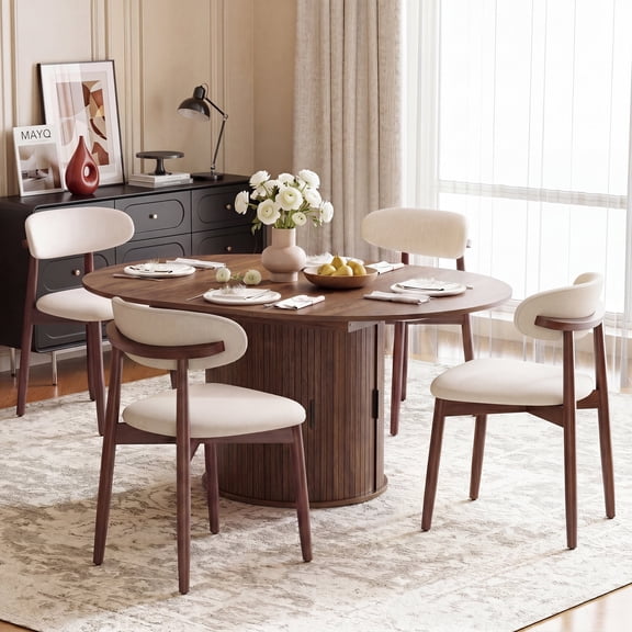 AFO 3 Pieces Expandable Dining Table Set, Round to Oval Wood Kitchen Table with Storage Cabinet and 2 Chairs for Small Spaces, Walnut