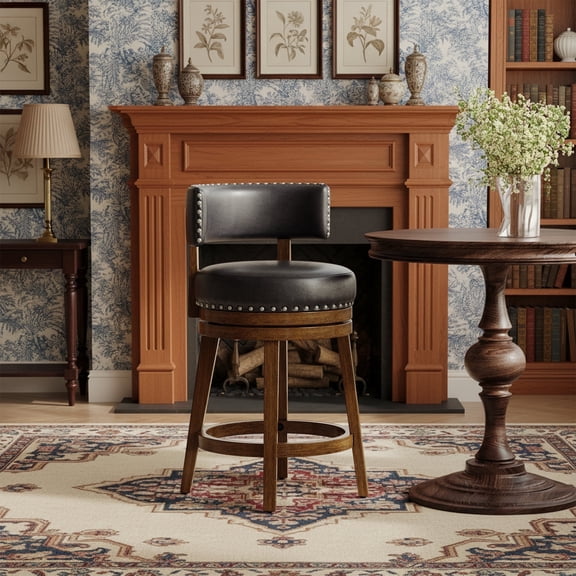 360° Swivel Counter Height Bar Stools 25 Inch Upholstered Kitchen Island Chairs with Back Solid Wood Legs and Nailhead Trim, Dark Brown
