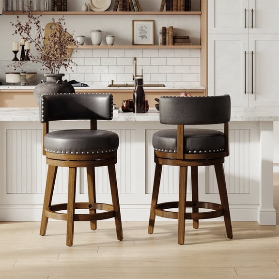 360° Swivel Counter Height Bar Stools Set of 2, 25 Inch Upholstered Kitchen Island Chairs with Back Solid Wood Legs and Nailhead Trim, Dark Brown