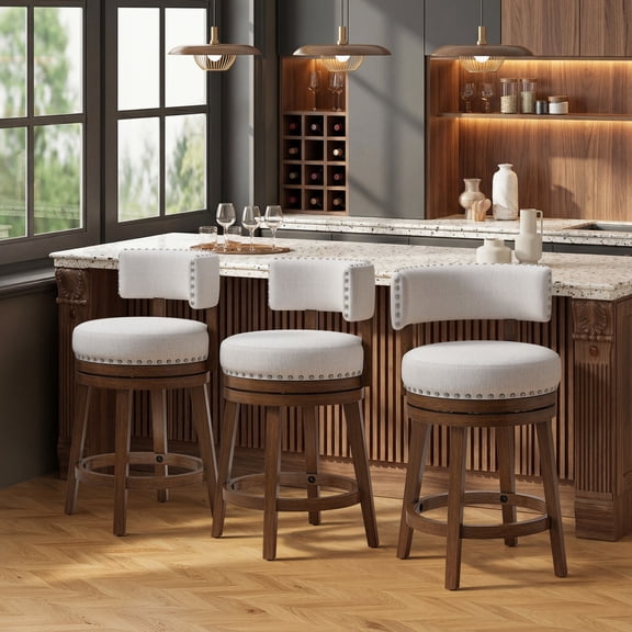 AFO 25" Swivel Counter Stools Set of 3, Upholstered Counter Height Bar Stools with Backrest, Footrest and Wood Legs for Kitchen Island, Beige