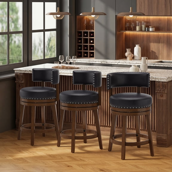 360° Swivel Counter Height Bar Stools Set of 3, 25 Inch Upholstered Kitchen Island Chairs with Back Solid Wood Legs and Nailhead Trim, Dark Brown