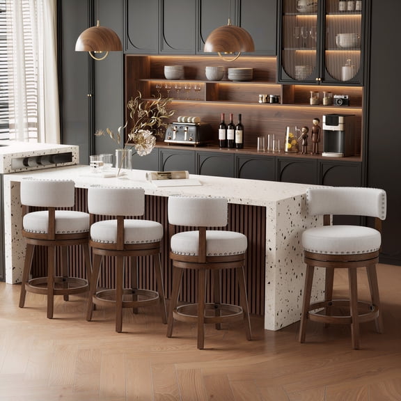 360° Swivel Counter Height Bar Stools Set of 4, 25 Inch Upholstered Kitchen Island Chairs with Back Solid Wood Legs and Nailhead Trim, Beige