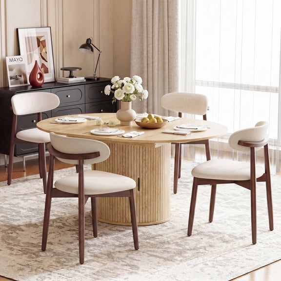 AFO 5 Pieces Extendable Dining Table Set, Round to Oval Wood Kitchen Table with Storage Cabinet and 4 Chairs for Small Spaces, Natural