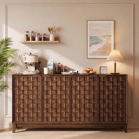 AFO 59" Fluted Sideboard Buffet Cabinet with Storage, Modern Wood Buffet Table with 4 3D-Checkerboard Doors & Adjustable Shelves, Mid-Century Bar Cabinet for Kitchen Living Room Bedroom, Walnut