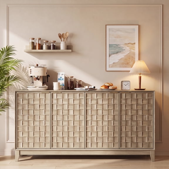 AFO 59" Fluted Sideboard Buffet Cabinet with Storage, Modern Wood Buffet Table with 4 3D-Checkerboard Doors & Adjustable Shelves, Mid-Century Bar Cabinet for Kitchen Living Room Bedroom, Oak