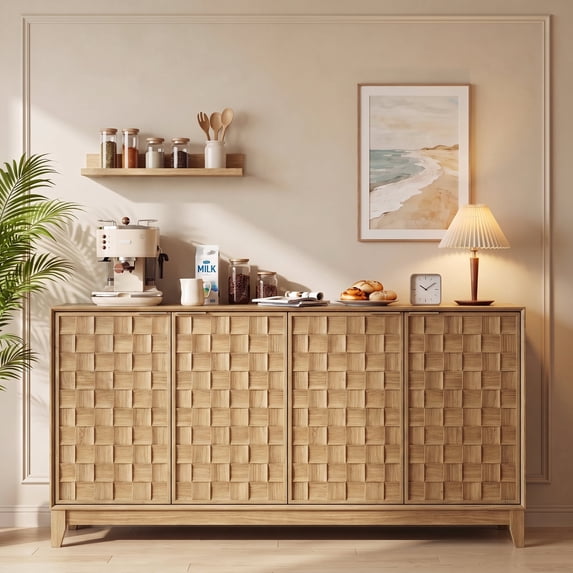 AFO 59" Fluted Sideboard Buffet Cabinet with Storage, Modern Wood Buffet Table with 4 3D-Checkerboard Doors & Adjustable Shelves, Mid-Century Bar Cabinet for Kitchen Living Room, Natural Wood