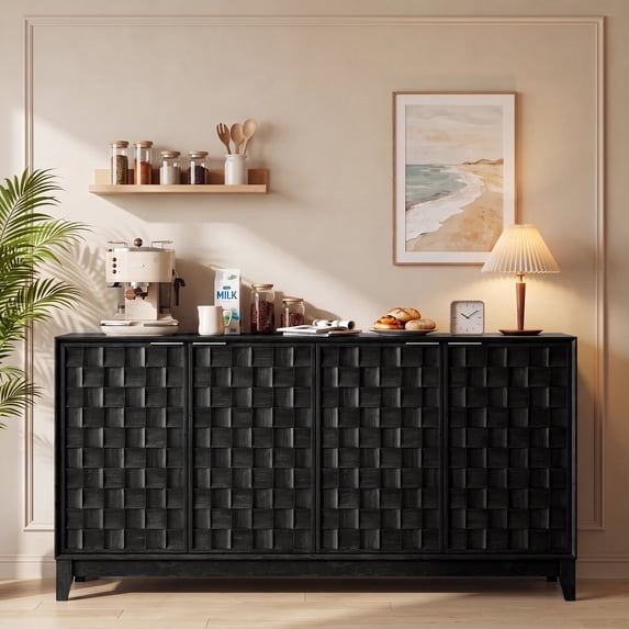 AFO 59" Fluted Sideboard Buffet Cabinet with Storage, Modern Wood Buffet Table with 4 3D-Checkerboard Doors & Adjustable Shelves, Mid-Century Bar Cabinet for Kitchen Living Room Bedroom, Black