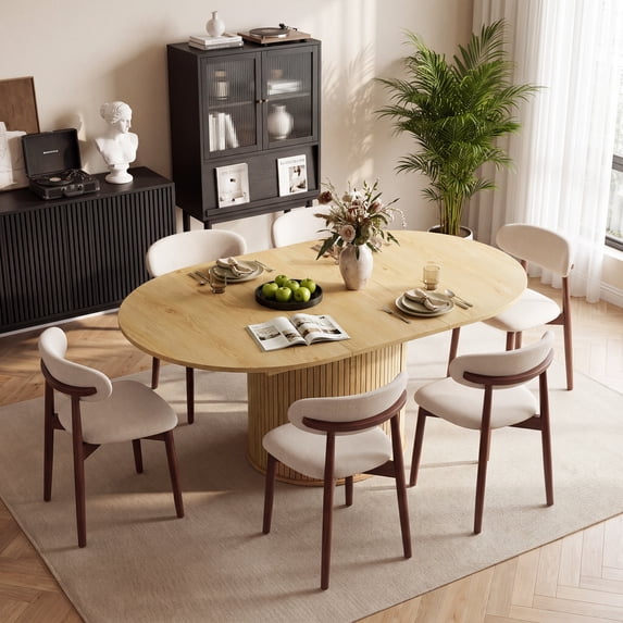 AFO 7 Pieces Extendable Dining Table Set for 6, 47″- 63″ Round to Oval Wood Kitchen Table with 6 Upholstered Chairs, Space-Saving Drop Leaf Kitchen Table for Small Spaces, Natural