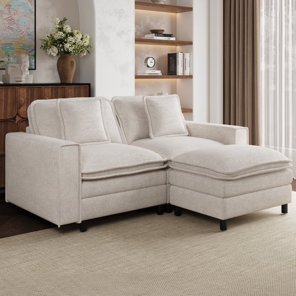 AFO 75" Modular Sectional Sofa with Movable Ottoman, Modern Deep Seat Cloud Couch with Reversible Chaise, Convertible 2-Seater Furniture for Living Room and Apartment, 2 Pillows Included, Camel