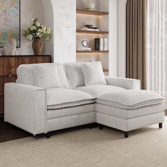 AFO 75" Modular Sectional Sofa with Movable Ottoman, Modern Deep Seat Cloud Couch with Reversible Chaise, Convertible 2-Seater Furniture for Living Room and Apartment, 2 Pillows Included, Beige