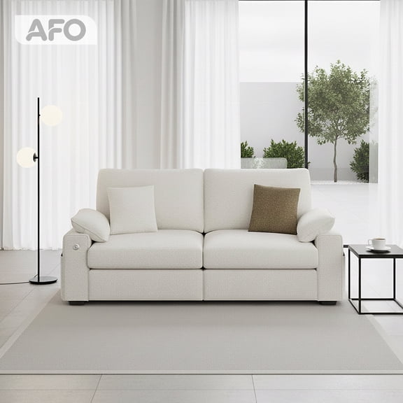 AFO 76" Modern Linen Sofa Couch with USB and Type-C Charging, Flip-Top Armrest Storage and Side Pockets, Beige